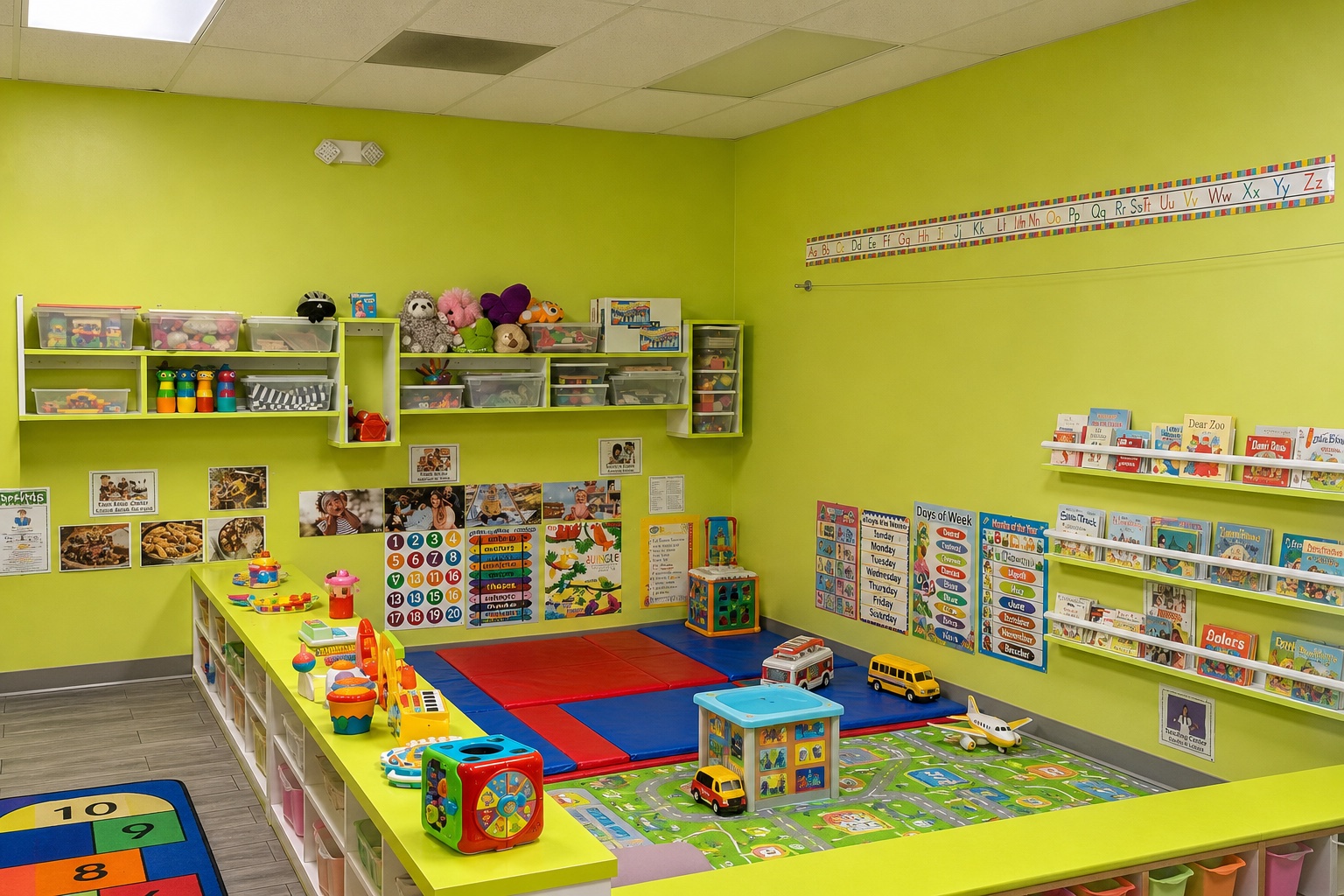 Bright toddler classroom with green walls, organized learning centers, books, toys, and colorful play mats