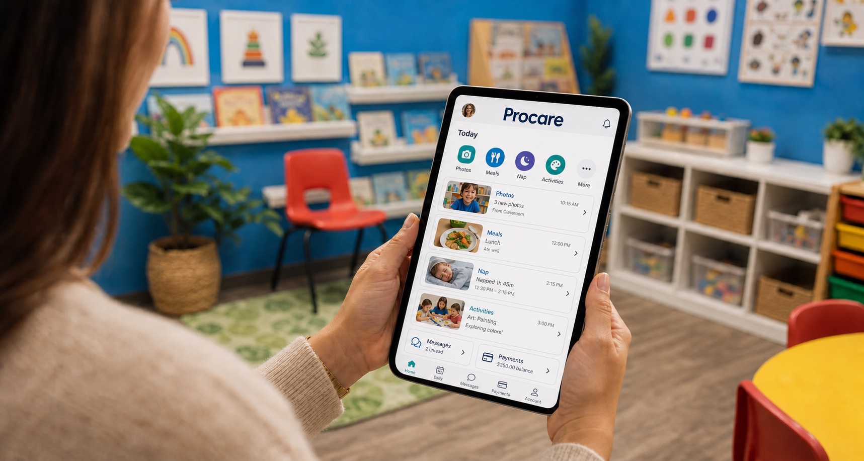 A parent holding an iPad displaying daily updates in the Procare child care app